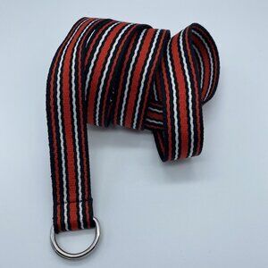 Black Red White Striped Woven D Ring Belt Men's Size L End to End 44"